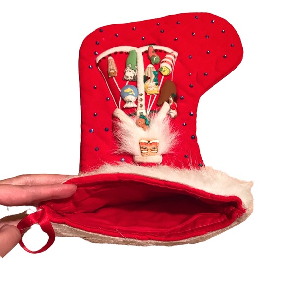Vintage Quilted Sequin Santa Animals Pets Christmas Stocking Fur Cuff 18" Kitsch - Picture 9 of 14